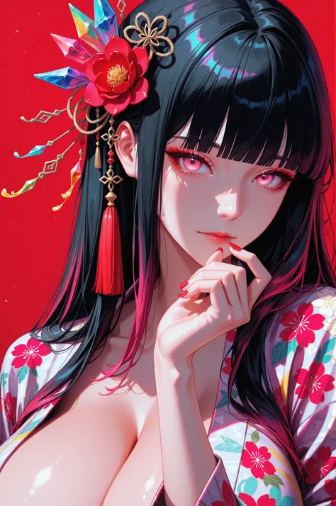 woman, solo, ethereal, crystal red nails, looking at viewer, bangs, pink eyes, long hair, black hair, hair ornament, hand up, flower, blunt bangs, closed mouth, tassel, ribbon, portrait, colorful, floral yukata, multicolored hair, upper body,  huge breasts...