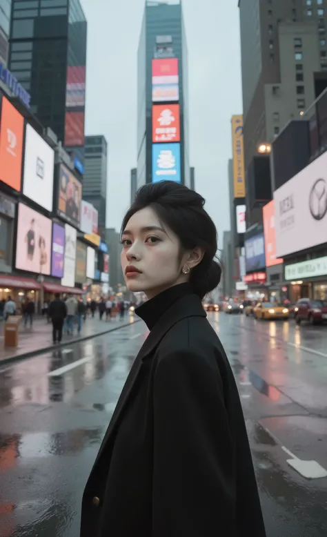 high quality, realistic photos, great details,A gorgeous fashion portrait of a modern girl captured in a moment of reflection at a busy city intersection, A powerful structure that captures the perfect balance between vintage styling and a modern urban env...