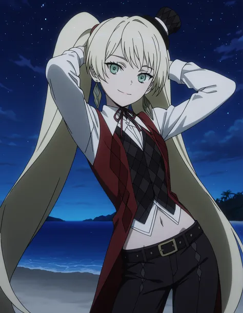 ladylee tangleroad, long hair, blonde hair, twintails, green eyes, anime screencap, hat, navel, jewelry, earrings, vest, mini hat, top hat, belt, shirt, long sleeves, ribbon, white shirt, collared shirt, pants, neck ribbon, checkered clothes, high quality,...