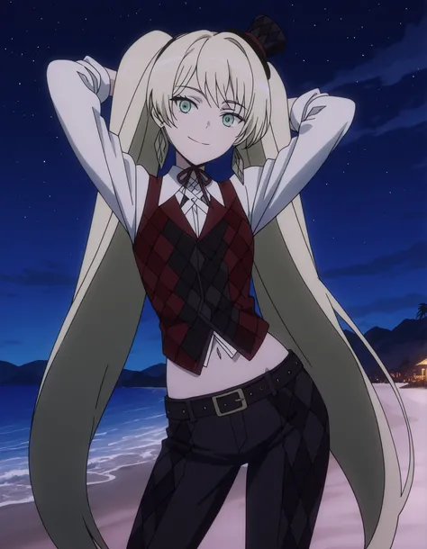 ladylee tangleroad, long hair, blonde hair, twintails, green eyes, anime screencap, hat, navel, jewelry, earrings, vest, mini hat, top hat, belt, shirt, long sleeves, ribbon, white shirt, collared shirt, pants, neck ribbon, checkered clothes, high quality,...