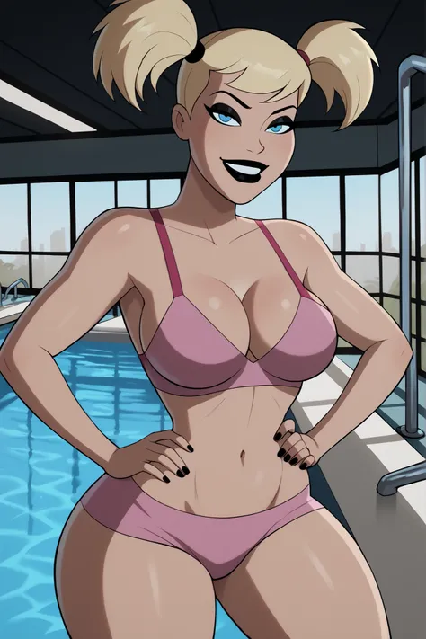 BREAK, score_9, score_8_up, score_7_up, score_6_up, Harleybtas, 1girl, solo, twintails, short hair, blonde hair, blue eyes, black lips, very large breasts, cleavage, makeup, smiling, closed mouth, seductive expression, bedroom eyes, looking at viewer, sedu...