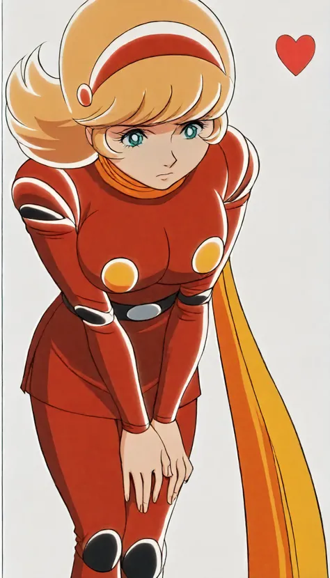 Cyborg 003 \(c009\), Blonde, medium hair, Bang, Aqua Eyes, headband, Scarf, red shirt, belt, skirt, red pants, heel, BIG BREASTS, 1girl, solo, lean forward, Place your hands on your lap, hearts, Anime Screen Caps, simple background, masterpiece、cyborg 003 ...
