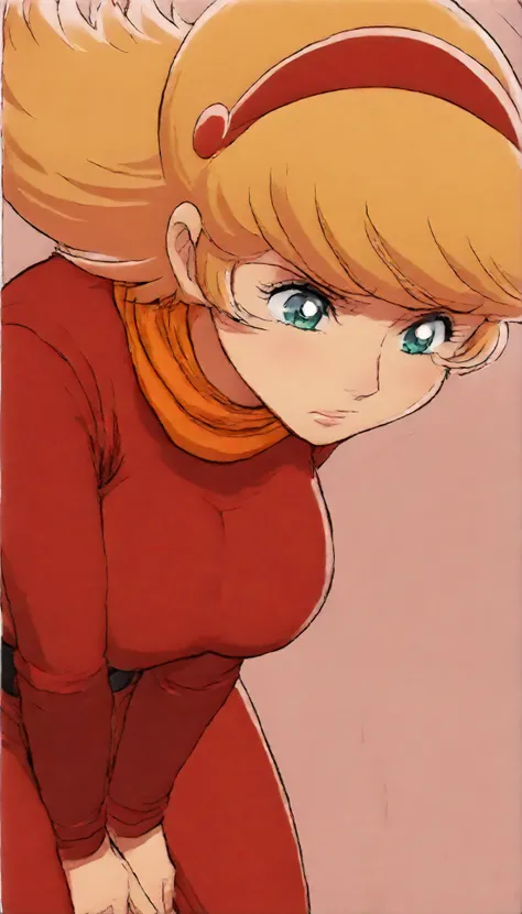 Cyborg 003 \(c009\), Blonde, medium hair, Bang, Aqua Eyes, headband, Scarf, red shirt, belt, skirt, red pants, heel, BIG BREASTS, 1girl, solo, lean forward, Place your hands on your lap, hearts, Anime Screen Caps, simple background, masterpiece、cyborg 003 ...