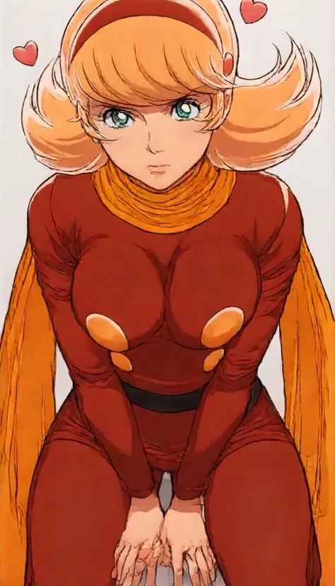 Cyborg 003 \(c009\), Blonde, medium hair, Bang, Aqua Eyes, headband, Scarf, red shirt, belt, skirt, red pants, heel, BIG BREASTS, 1girl, solo, lean forward, Place your hands on your lap, hearts, Anime Screen Caps, simple background, masterpiece、cyborg 003 ...