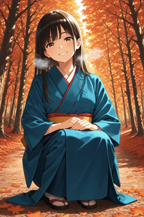 Woman in Japanese Kimono,和服, kimono,黒髪ロング,straight hair,early 40s woman,early 30s man ,神社の境内 ,秋の紅葉, ultra-aesthetic, anime style, smile,{best quality}, {very aesthetic}, {ultra-detailed}, {best illustration},秋,{{紅葉}}, being invited, quiet countryside fores...