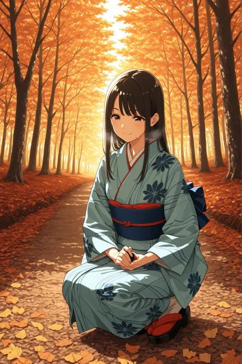Woman in Japanese Kimono,和服, kimono,黒髪ロング,straight hair,early 40s woman,early 30s man ,神社の境内 ,秋の紅葉, ultra-aesthetic, anime style, smile,{best quality}, {very aesthetic}, {ultra-detailed}, {best illustration},秋,{{紅葉}}, being invited, quiet countryside fores...