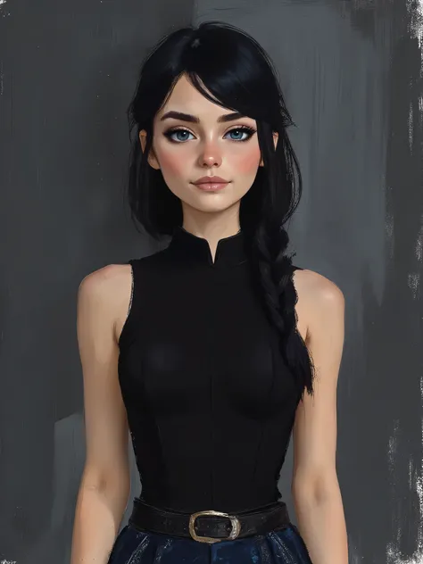 sketch painting, marinette Dopanchan, ArsMJStyle, Flat Cartoon Illustration, A very beautiful and cute 22 year old woman with a slight smile. (((Shy smile))), sharp focus on the face, (((Western eyes:1.5))), (((Extremely detailed ice-blue eyes, beautiful e...