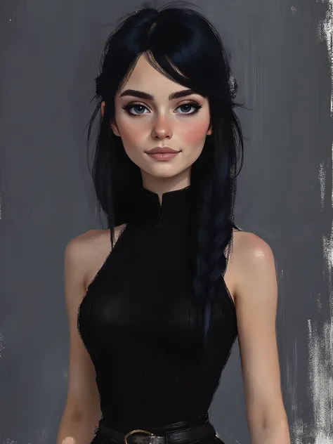 sketch painting, marinette Dopanchan, ArsMJStyle, Flat Cartoon Illustration, A very beautiful and cute 22 year old woman with a slight smile. (((Shy smile))), sharp focus on the face, (((Western eyes:1.5))), (((Extremely detailed ice-blue eyes, beautiful e...