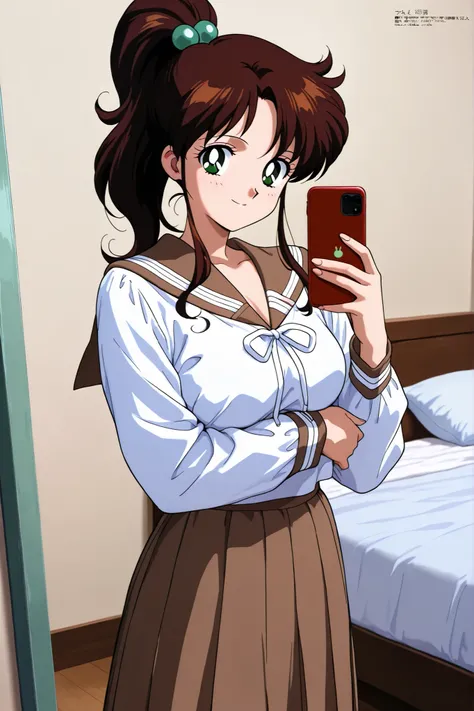 masterpiece, amazing quality, best quality, ultra-detailed, 8K, illustration, clear skin, ultra-detailed-eyes, soft skin, very awa, very as2, soft body, 1990s \(style\), official art, makoto kino, brown hair, green eyes, hair bobbles, medium hair, ponytail...
