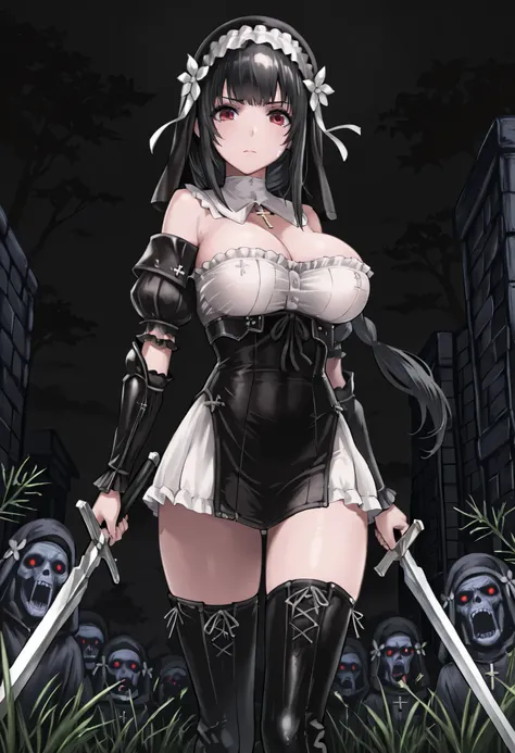  masterpiece, the best quality, muy estético, 1girl, rabiane, only, Alone,  With his hand he wields a silver sword, pose dinámica, official art}, Sword cut, serious expression, habit , black high boots, thigh-high boots,  cross necklace,  detailed eyes cos...