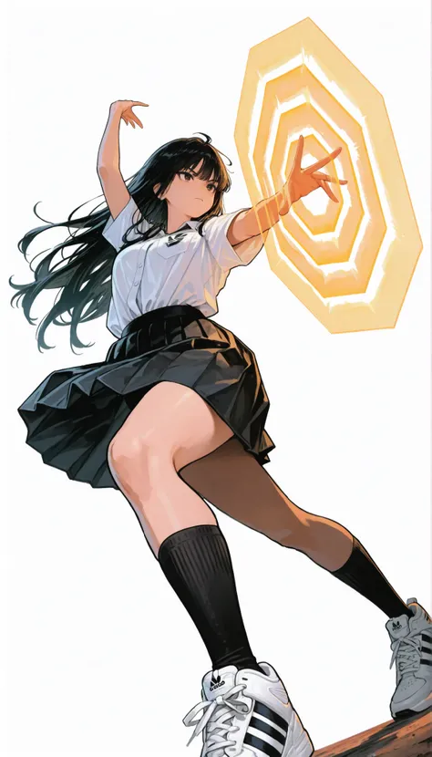 Japanese woman wearing blouse shirt and miniskirt,high school girl、uniform、long black hair,straight long hair、princess cut, pleated skirt flap dynamically, The black knee socks and the white2Main line , Adidas tech sneakers , Pose, dynamic angle, getting r...