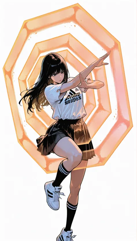 Japanese woman wearing blouse shirt and miniskirt,Nihonjin High School Girl、long black hair,straight long hair、princess cut, Chest, pleated skirts were dynamically reversed, Thigh Knee Socks, Adidas tech sneakers, Everyday Life , Pose, dynamic angle, getti...