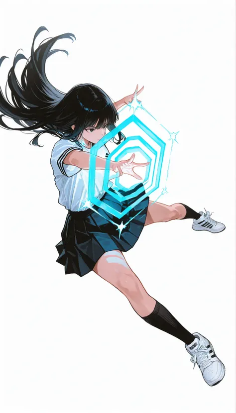 Japanese woman wearing blouse shirt and miniskirt,high school girl、uniform、long black hair,straight long hair、princess cut, pleated skirt flap dynamically, The black knee socks and the white2Main line , Adidas tech sneakers , Pose, dynamic angle, getting r...