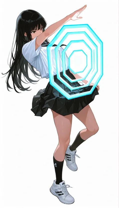 Japanese woman wearing blouse shirt and miniskirt,high school girl、uniform、long black hair,straight long hair、princess cut, pleated skirt flap dynamically, The black knee socks and the white2Main line , Adidas tech sneakers , Pose, dynamic angle, getting r...