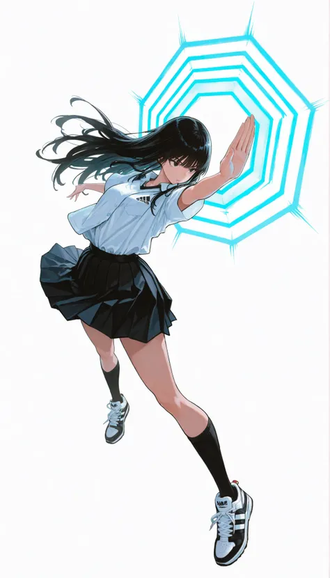 Japanese woman wearing blouse shirt and miniskirt,high school girl、uniform、long black hair,straight long hair、princess cut, pleated skirt flap dynamically, The black knee socks and the white2Main line , Adidas tech sneakers , Pose, dynamic angle, getting r...