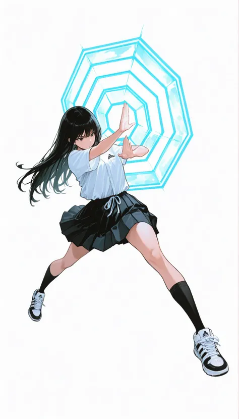Japanese woman wearing blouse shirt and miniskirt,high school girl、uniform、long black hair,straight long hair、princess cut, pleated skirt flap dynamically, The black knee socks and the white2Main line , Adidas tech sneakers , Pose, dynamic angle, getting r...