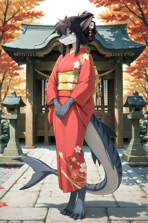 studio_ghibli,kimono,fkstyle,high quality, masterpiece, best quality, anthro shark female, grey skin, dark tiger stripes pattern, white underbelly, dark hair, gold eyes, digitigrade legs, webbed toes, athletic build, posing confidently, red kimono, floral ...