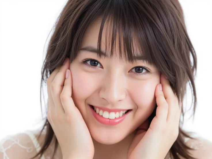 (Refined from an old photo, recreated in a modern, ultra high-quality photorealistic style, with a trendy Reiwa-era hairstyle: soft semi-long hair with natural waves and airy see-through bangs), 
Ultra photorealistic close-up portrait of a beautiful Japane...