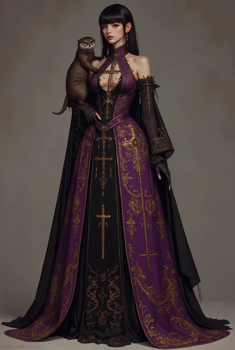 
Haute couture dress inspired by The Magician (Tarot Major Arcana), Bob with bangs and braids、has a small-clawed otter on his shoulder、
Silhouette: elegant straight line gown, floor-length, refined and statuesque, 
Upper part: fitted bodice in deep purple ...