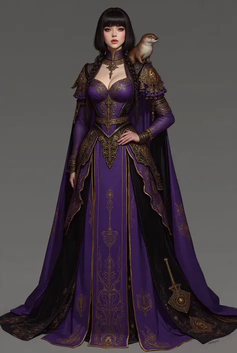 
Haute couture dress inspired by The Magician (Tarot Major Arcana), Bob with bangs and braids、has a small-clawed otter on his shoulder、
Silhouette: elegant straight line gown, floor-length, refined and statuesque, 
Upper part: fitted bodice in deep purple ...