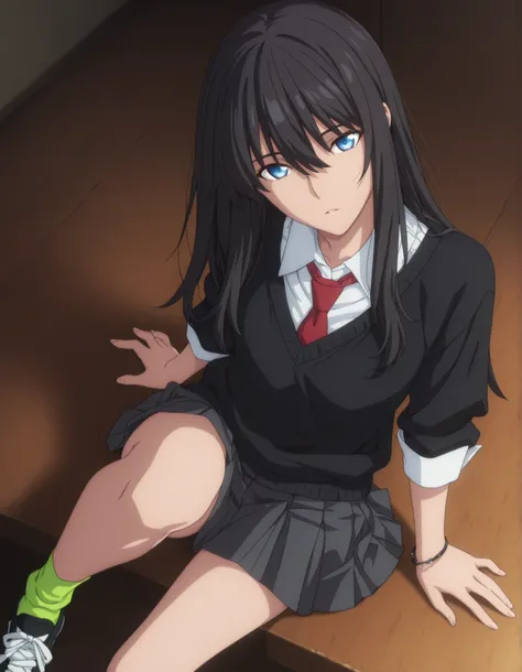 masterpiece, best quality, amazing quality, highres, absurdres, very aesthetic, high resolution, ultra detailed, perfect details, ufotable style, 1girl, solo, indoors, , (detailed background:1.2),from above, (room), , minami kano, long hair, ((black hair))...