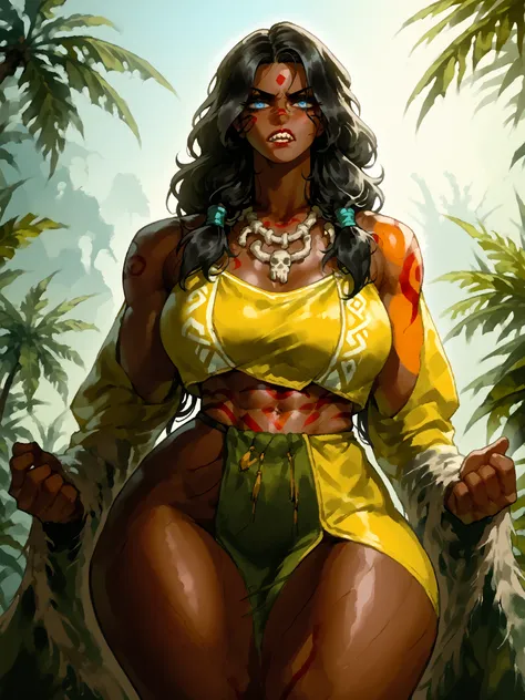 Ultra high quality, 1 tribal warrior girl, standing alone on a tropical coast, dark brown skin, extremely curvaceous and muscular body, large breasts, wide hips, thick thighs, minimal waistline, smooth and shiny skin, no tattoos, confident and dominant sta...