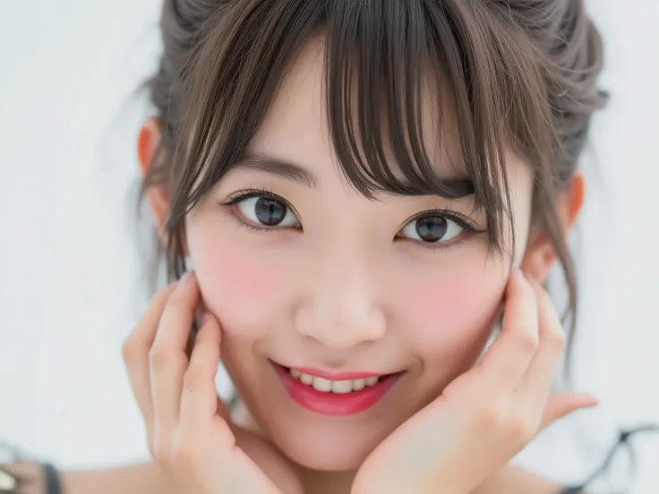 (Refined from an old photo, recreated in a modern, ultra high-quality photorealistic style, with a trendy Reiwa-era hairstyle: soft semi-long hair with natural waves and airy see-through bangs), 
Ultra photorealistic close-up portrait of a beautiful Japane...