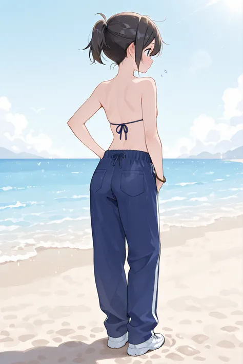 ten year old boy 、topless、After Sun Bikini Top、Mens Swimsuit Pants、sandy beach、is embarrassing 、moment you notice、cute face、Short Hair Ponytail、full body view、nsfw