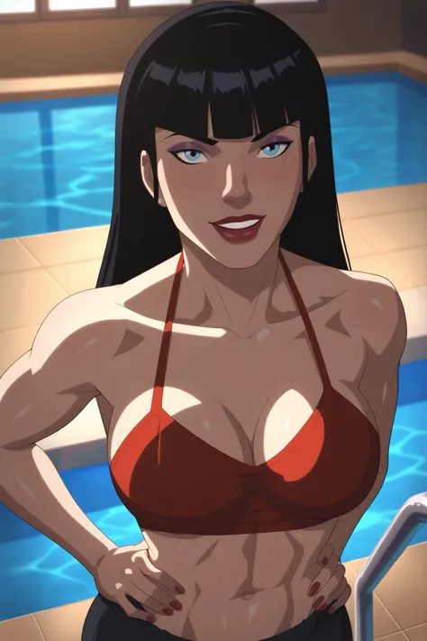 BREAK, score_6_up, score_7_up, score_8_up, score_9, zatannadark, 1girl, solo, black hair, long hair, very large breasts, blue eyes, cleavage, blunt bangs, curvy, athletic, lipstick, makeup, looking at viewer, seducing viewer, teasing viewer, smiling, close...