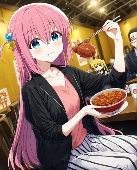 glow,hitori gotou, blue eyes, cube hair ornament, hair between eyes, hair ornament, pink hair, one side up, long hair,, top quality、 Masterpiece、 Bocchi the Roku、 1 girl、Goto alone、 Pink Hair、Eating a beef bowl at a beef bowl restaurant, black jacket, an e...