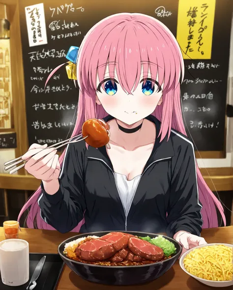 glow,hitori gotou, blue eyes, cube hair ornament, hair between eyes, hair ornament, pink hair, one side up, long hair,, top quality、 Masterpiece、 Bocchi the Roku、 1 girl、Goto alone、 Pink Hair、Eating a beef bowl at a beef bowl restaurant, black jacket, an e...