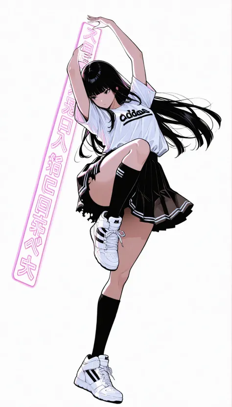 Japanese woman wearing blouse shirt and miniskirt, long black hair,straight long hair、princess cut, Chest, Disconnect, excessive pressure, pleated skirts were dynamically reversed, Thigh Knee Socks, Adidas tech sneakers, Everyday Life , Pose, dynamic angle...