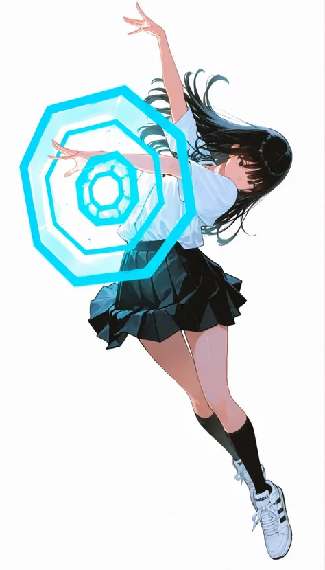 Japanese woman wearing blouse shirt and miniskirt,high school girl、uniform、long black hair,straight long hair、princess cut, pleated skirt flap dynamically, The black knee socks and the white2Main line , Adidas tech sneakers , Pose, dynamic angle,Tai Chi, ダ...