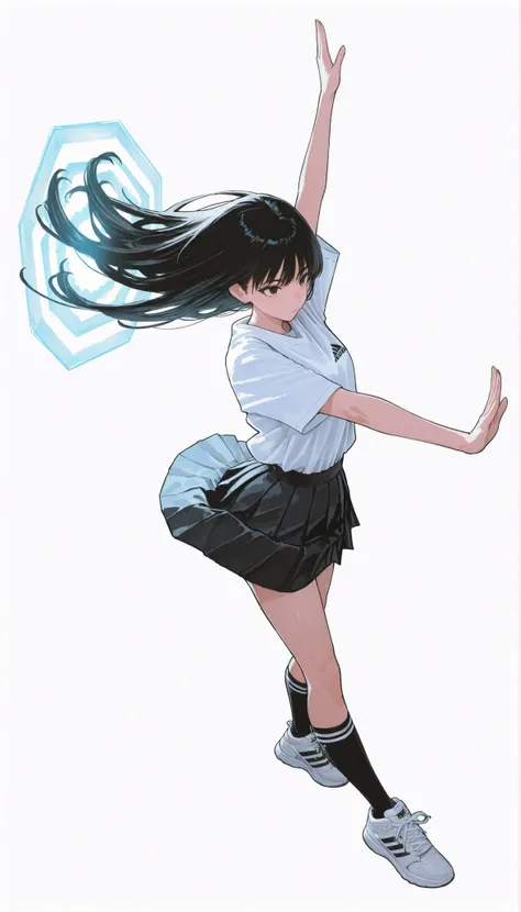 Japanese woman wearing blouse shirt and miniskirt,high school girl、uniform、long black hair,straight long hair、princess cut, pleated skirt flap dynamically, The black knee socks and the white2Main line , Adidas tech sneakers , Pose, dynamic angle,Tai Chi, ダ...