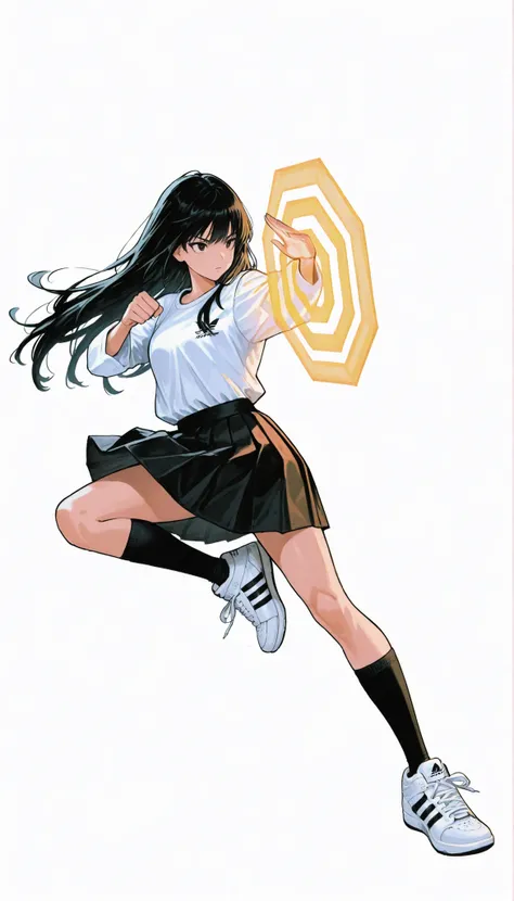 Japanese woman wearing blouse shirt and miniskirt,high school girl、uniform、long black hair,straight long hair、princess cut, pleated skirt flap dynamically, The black knee socks and the white2Main line , Adidas tech sneakers , Pose, dynamic angle,kick boxin...