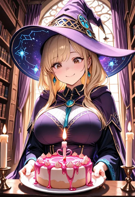 high quality, Ultra Hi-Res, masterpiece, Super Detailed,8k, fine-grained, young woman with her hands crotched, wizard costume, Wizard Hat, blonde hair after a date, semi-long, beautiful character design, perfect contrast with open panel, pretty face, beaut...