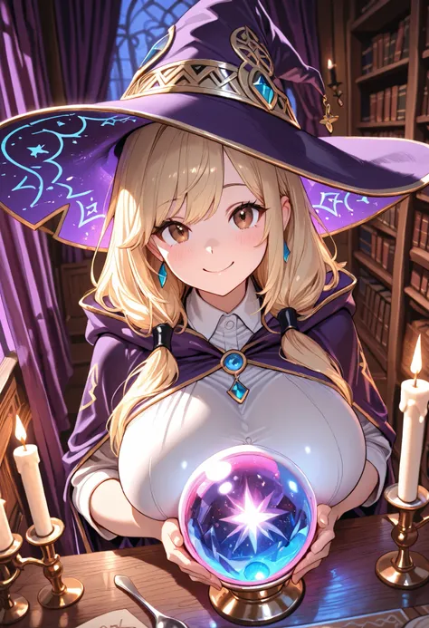high quality, Ultra Hi-Res, masterpiece, Super Detailed,8k, fine-grained, young woman with her hands crotched, wizard costume, Wizard Hat, blonde hair after a date, semi-long, beautiful character design, perfect contrast with open panel, pretty face, beaut...