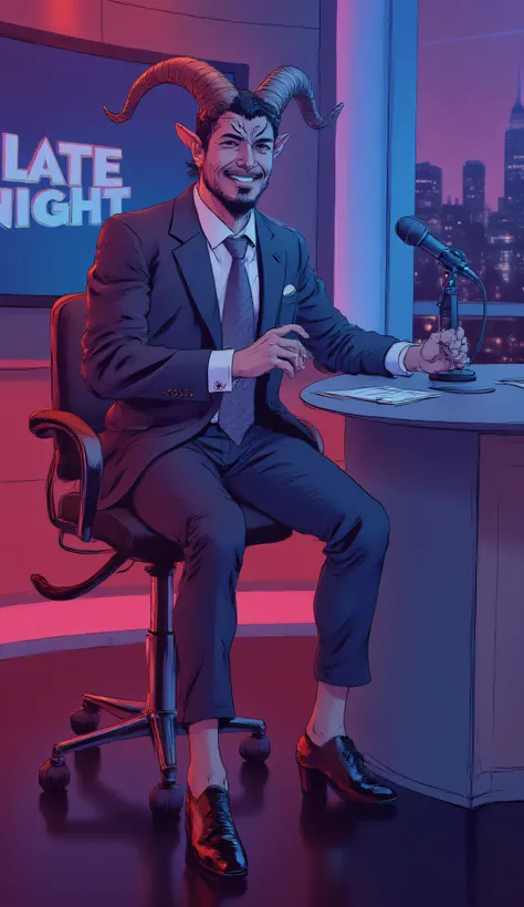 satyr, faun, horns, animal ears, 1male, solo, big horns, tail, hooves, charismatic talk show host, modern TV set, humanoid with goat legs, elegant curved horns, dressed in a sharp tailored suit, sits confidently, behind a sleek desk, microphone, cue cards,...