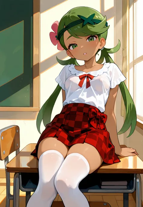 1girl, solo, mallow \(pokemon\), pokemon, parted lips, red checkered skirt, white blouse tied in a knot, white thigh highs, naturally sagging small breasts, sitting on a desk in a classroom, seductive, sexy erotic pose, alluring atmosphere, morning, beauti...