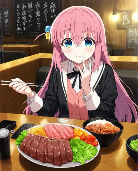 glow,hitori gotou, blue eyes, cube hair ornament, hair between eyes, hair ornament, pink hair, one side up, long hair,, top quality、 Masterpiece、 Bocchi the Roku、 1 girl、Goto alone、 Pink Hair、Eating a beef bowl at a beef bowl restaurant, black jacket, an e...