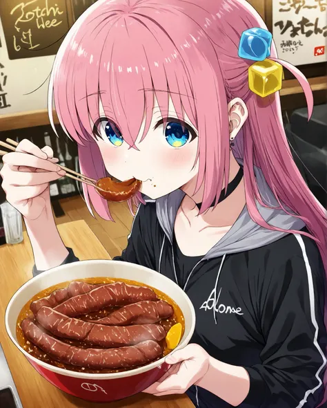 glow,hitori gotou, blue eyes, cube hair ornament, hair between eyes, hair ornament, pink hair, one side up, long hair,, top quality、 Masterpiece、 Bocchi the Roku、 1 girl、Goto alone、 Pink Hair、Eating a beef bowl at a beef bowl restaurant, black jacket, an e...