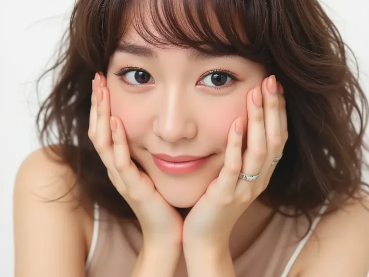 (Refined from an old photo, recreated in a modern, ultra high-quality photorealistic style, with a trendy Reiwa-era hairstyle: soft semi-long hair with natural waves and airy see-through bangs), 
Ultra photorealistic close-up portrait of a beautiful Japane...