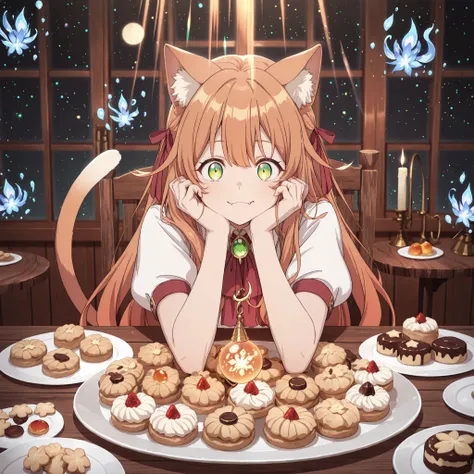 masterpiece, best quality, cinematic light, 1girl, kanade-default, green eyes, orange hair, long hair, animal ears, hair ribbon, fang, a cat tail, detailed eyes, anime eyes, high detail eyes, multicolored iris, detailed iris, anime style, a mystical food s...