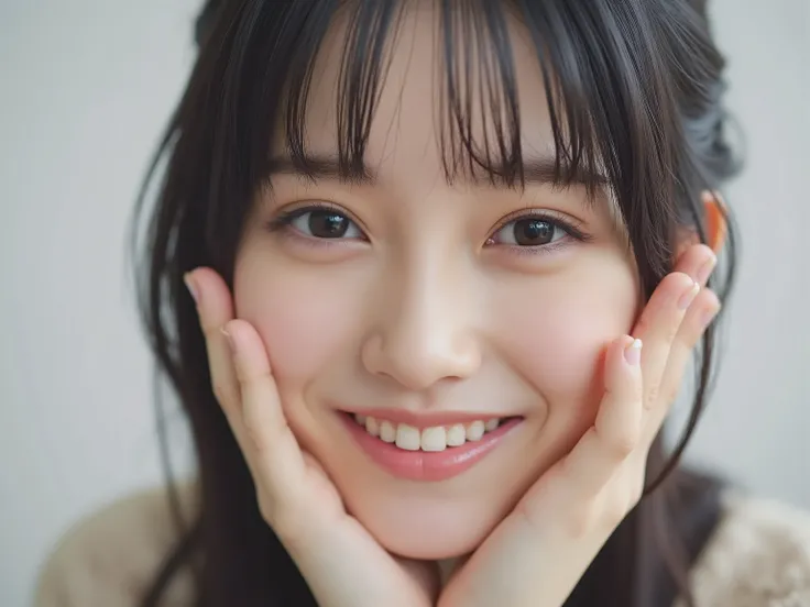 (Refined from an old photo, recreated in a modern, ultra high-quality photorealistic style, with a trendy Reiwa-era hairstyle: soft semi-long hair with natural waves and airy see-through bangs),
Ultra photorealistic close-up portrait of a beautiful Japane...