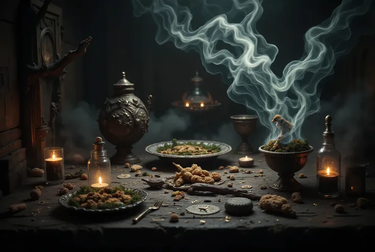 Arcane Food Diviner, runes, mystic ritual scene, ethereal lighting, ancient tome, glowing runes, occult symbols, dark fantasy, intricate details, dramatic shadows, muted color palette, cinematic composition, digital art, concept art, photorealistic, 8K, ul...