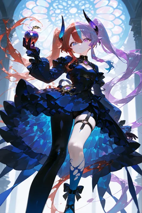 (MULTICOLORED HAIR, TWO-TONE HAIR,SPLIT-COLOR HAIR) The girl is a magician. She has pale skin and a petite, flat-chested build. She has big purple eyes with long eyelashes. She has two-tone red-and-blue color hair tied in two twintails. She is wearing a lo...