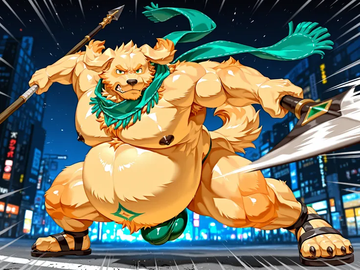 zPDXL3, foreshortening, motion blur, green scarf, green thong, extra big bulge, sandals, depth of field, extreme perspective, extreme closeup, closeup, action shot, dynamic pose, motion lines, solo, impact lines, holding spear, attacking the viewer, full b...