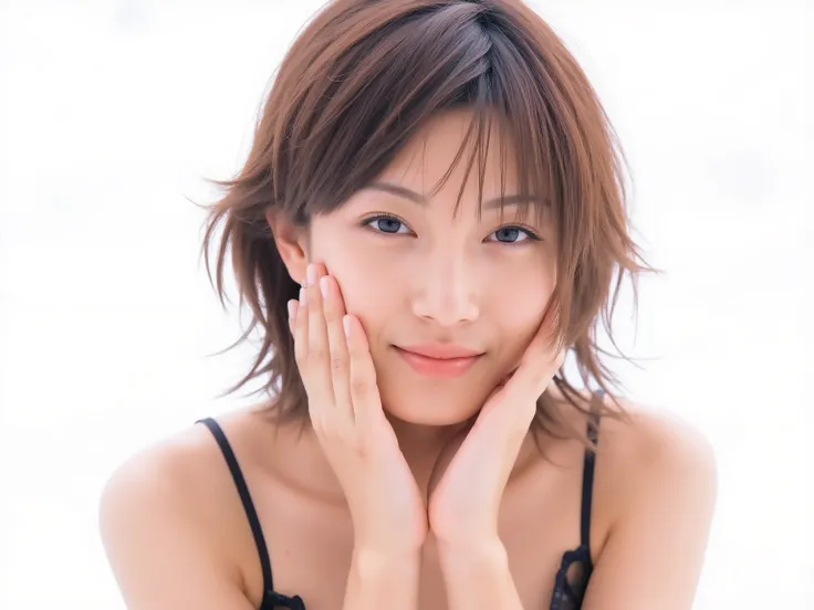 (Refined from an old photo, recreated in a modern, ultra high-quality photorealistic style, with a trendy Reiwa-era hairstyle: soft semi-long hair with natural waves and airy see-through bangs), 
Ultra photorealistic close-up portrait of a beautiful Japane...