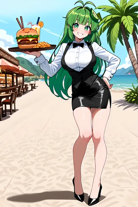 Vannamelon, waitress, formal, black vest, white shirt, medium size breasts, black skirt, pencil skirt, black heels, holding a tray of food in one hand, smiling, posing. Beach background, restaurant, sunny day