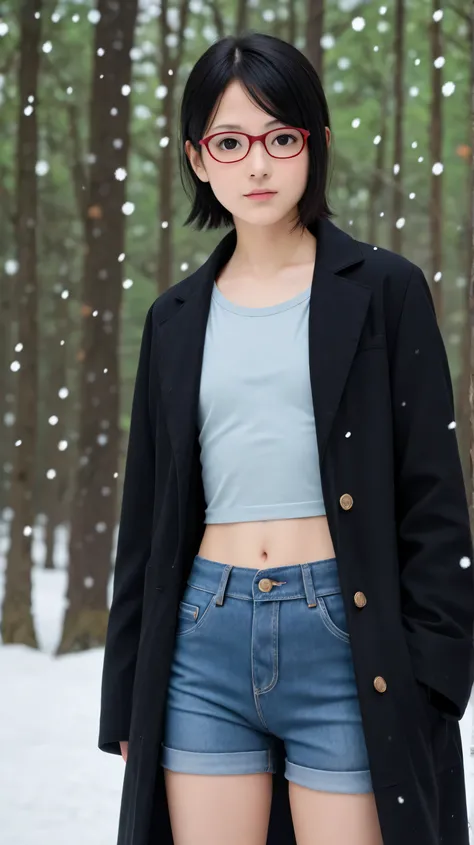 Masterpiece, best quality, 8k, ultra high resolution, photorealistic, cinematic composition,1girl, solo,sarada uchiha,black eyes,black hair,outdoors,potrait,flat chest,wearing glasses,short hair, standing under snowfall,(wear black coat:1.5),front view,win...